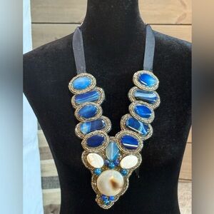 Chico's Blue and Gold Necklace with Artistic Design